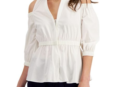 DONNA KARAN NEW YORK Womens White Cold Shoulder Sheer Unlined Pullover 3 4 Sleeve V Neck Peplum Top Online now