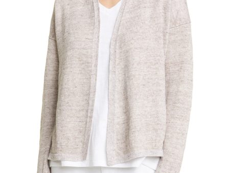 EILEEN FISHER Womens Beige Short Length Textured Racerback Seam Rib-knit Trim Heather Long Sleeve Open Front Cardigan Online Hot Sale