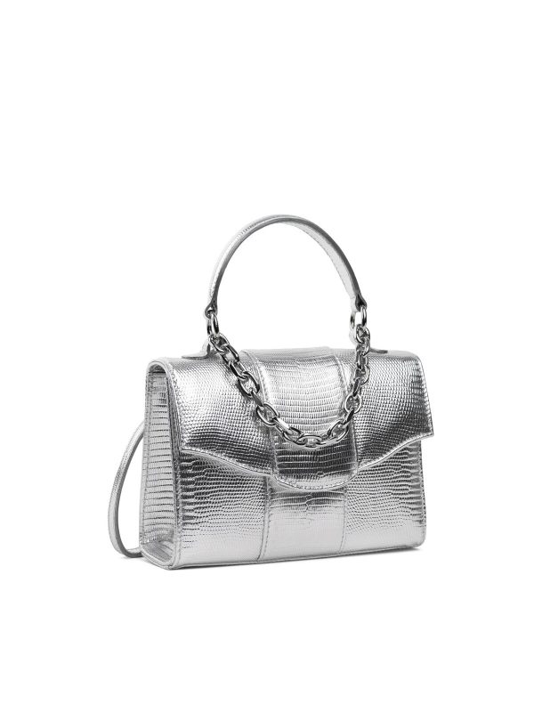 LISELLE KISS Women s Silver Metallic Solid Faux Leather Chain Detail Removable Adjustable Crossbody Band Single Strap Crossbody Handbag Purse Discount