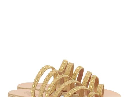 ANCIENT GREEK SANDALS Womens Beige Strappy Studded Woven Niki Round Toe Slip On Leather Slide Sandals Shoes For Discount