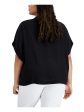 CALVIN KLEIN Womens Black Textured Gathered Vented Sides Short Sleeve Round Neck Button Up Top Online Sale