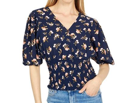 1. STATE Womens Navy Stretch Smocked Pleated Floral Pouf Sleeve Surplice Neckline Top Online Sale