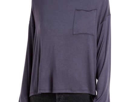 AQUA Womens Gray Pocketed Dropped Shoulder Long Sleeve Crew Neck Top Fashion