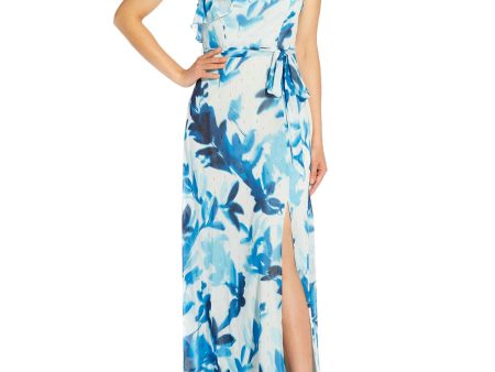 ADRIANNA PAPELL Womens Blue Metallic Ruffled Zippered Lined Slit Short Sleeve Asymmetrical Neckline Full-Length Cocktail Sheath Dress Online