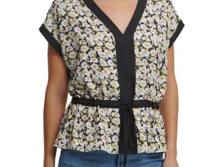 DKNY Womens Black Printed Cap Sleeve V Neck Top For Sale