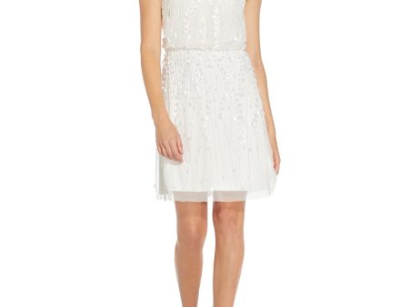 ADRIANNA PAPELL Womens Ivory Embellished Zippered Lined Sleeveless Round Neck Above The Knee Party Blouson Dress Fashion