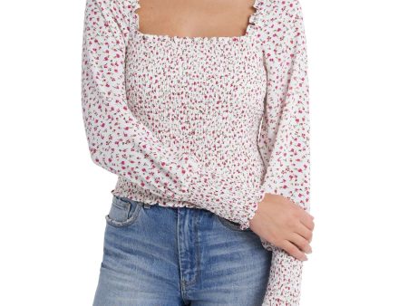 1. STATE Womens Ivory Stretch Smocked Ruffled Floral Long Sleeve Square Neck Blouse on Sale