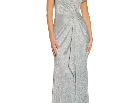 ADRIANNA PAPELL Womens Silver Zippered Twist Front Lined Hi Slit Pleated Sheer Flutter Sleeve Sweetheart Neckline Full-Length Formal Gown Dress Online