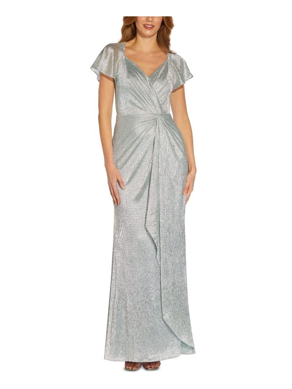 ADRIANNA PAPELL Womens Silver Zippered Twist Front Lined Hi Slit Pleated Sheer Flutter Sleeve Sweetheart Neckline Full-Length Formal Gown Dress Online