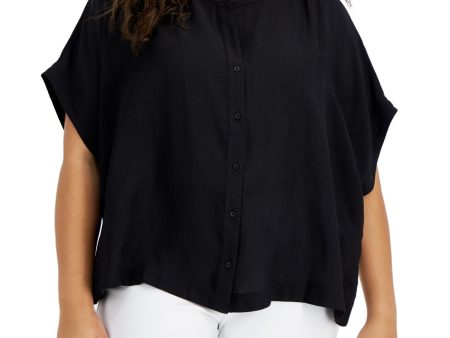 CALVIN KLEIN Womens Black Textured Gathered Vented Sides Short Sleeve Round Neck Button Up Top Online Sale