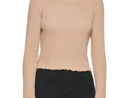 CALVIN KLEIN JEANS Womens Beige Fitted Long Sleeve Crew Neck Crop Top Online Hot Sale