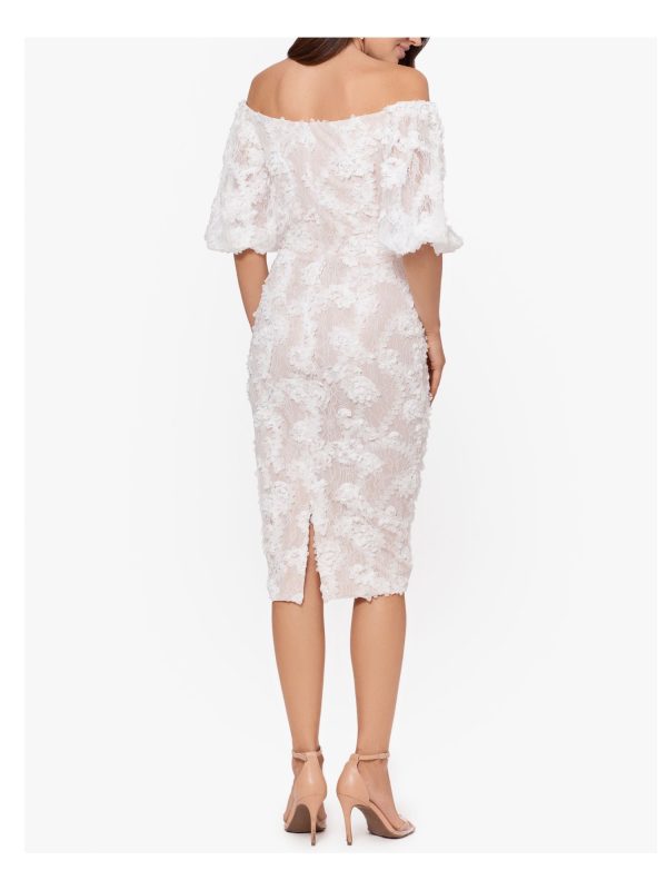 XSCAPE Womens Ivory Stretch Lace Zippered Embellished Elbow Sleeve Off Shoulder Below The Knee Party Sheath Dress Sale