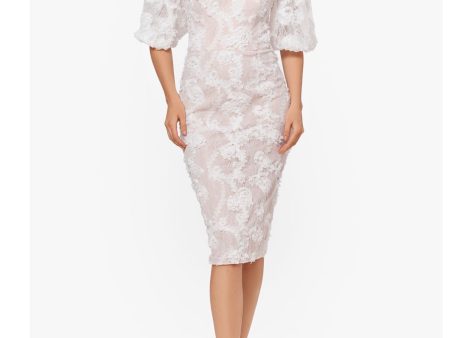 XSCAPE Womens Ivory Stretch Lace Zippered Embellished Elbow Sleeve Off Shoulder Below The Knee Party Sheath Dress Sale