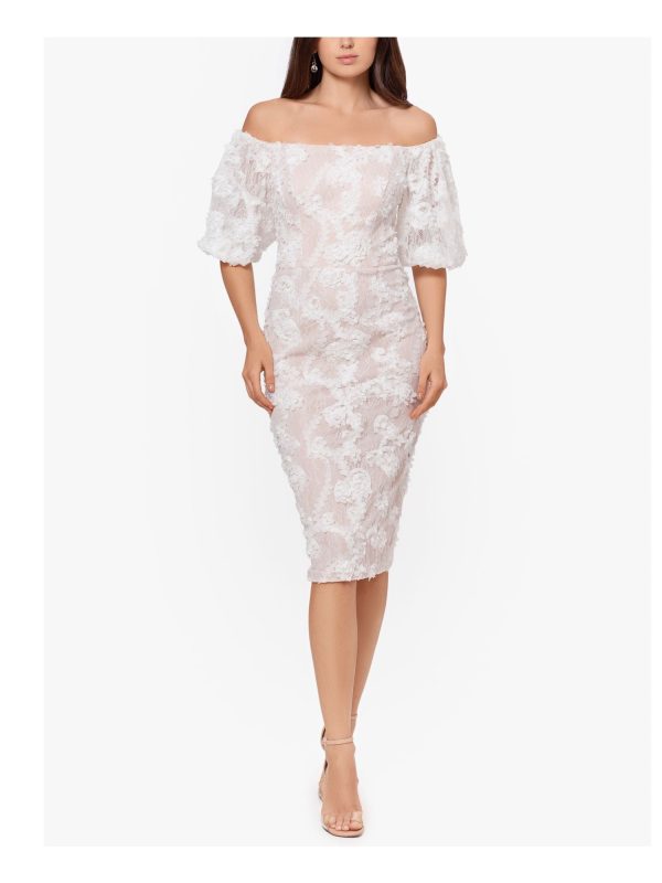 XSCAPE Womens Ivory Stretch Lace Zippered Embellished Elbow Sleeve Off Shoulder Below The Knee Party Sheath Dress Sale