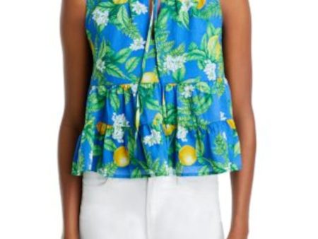 AQUA Womens Blue Ruffled Short Length Tie Tiered Pullover Printed Sleeveless Split Peplum Top on Sale