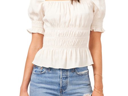 1. STATE Womens Ivory Smocked Peplum Hem Pouf Sleeve Square Neck Peasant Top For Discount