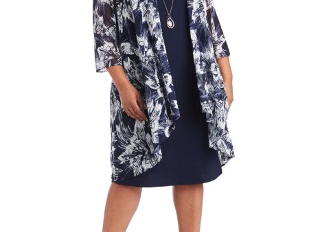 R&M RICHARDS WOMAN Womens Navy Sheer Shoulder Pads Printed 3 4 Sleeve Open Front Waterfall Cardigan Supply