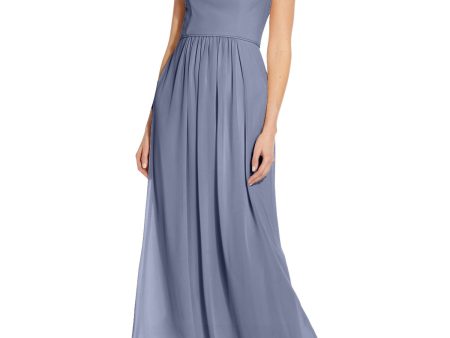 ADRIANNA PAPELL Womens Blue Pleated Zippered Chiffon Short Sleeve Off Shoulder Maxi Formal Fit + Flare Dress Online now