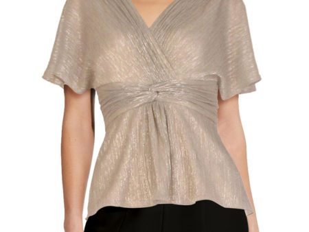 ADRIANNA PAPELL Womens Beige Stretch Metallic Twist Front Kimono Sleeve Surplice Neckline Evening Peplum Top Cheap