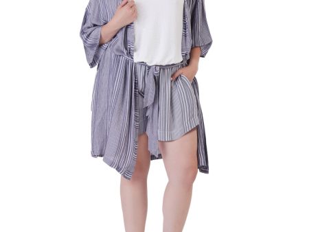 BLACK TAPE Womens Blue Slitted Self Tie Waist Striped Elbow Sleeve Open Front Kimono Top Online Sale