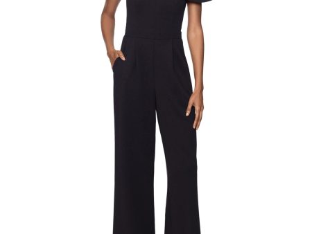 XSCAPE Womens Black Zippered Pocketed Flutter Sleeve Asymmetrical Neckline Party Straight leg Jumpsuit Hot on Sale