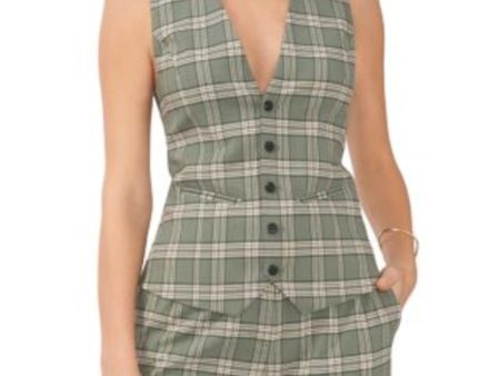 1. STATE Womens Green Lined Button Down Adjustable Sinch Ban Plaid Sleeveless V Neck Vest Top Sale