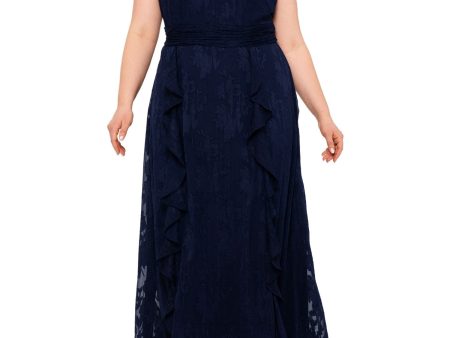 XSCAPE Womens Navy Pleated Ruffled Keyholes Zippered Lined Sleeveless Halter Maxi Party Fit + Flare Dress Hot on Sale