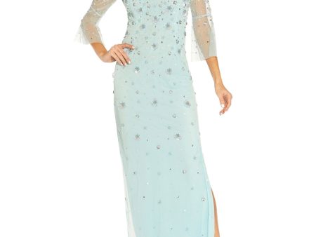 ADRIANNA PAPELL Womens Aqua Embellished Slitted Lined Zippered 3 4 Sleeve Illusion Neckline Tea-Length Evening Sheath Dress Online now