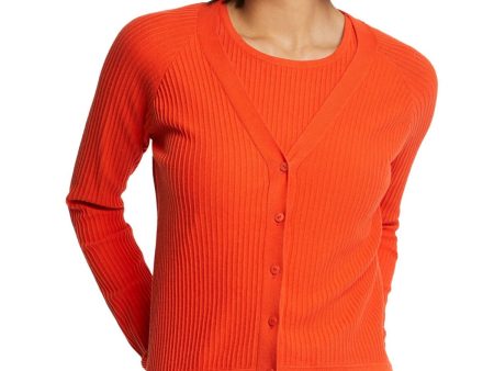 PAULE KA Womens Orange Ribbed Short Length Long Sleeve V Neck Wear To Work Button Up Cardigan Discount