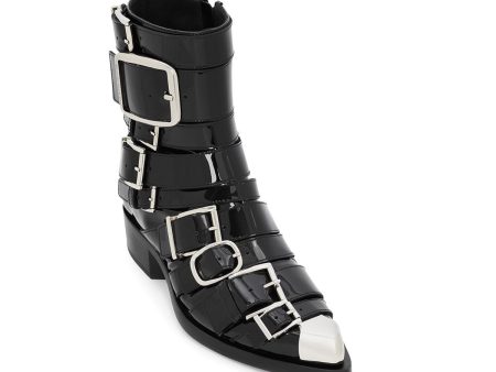 ALEXANDER MCQUEEN Womens Black Silver Toe Cap Strappy Buckle Accent Pointed Toe Block Heel Zip-Up Leather Boots Shoes Online now