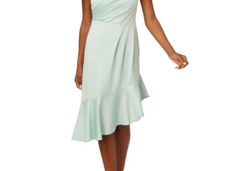 ADRIANNA PAPELL Womens Green Pleated Zippered Asymmetrical Flounce Hem Lined Flutter Sleeve Surplice Neckline Midi Party Fit + Flare Dress Cheap