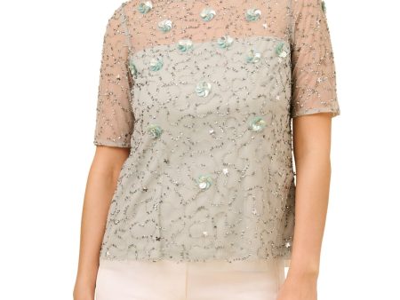 ADRIANNA PAPELL Womens Light Blue Embellished Zippered Lined Elbow Sleeve Boat Neck Party Top Discount