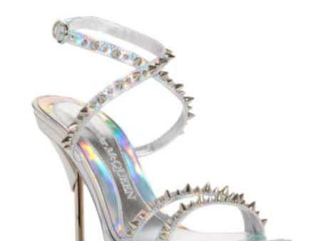 ALEXANDER MCQUEEN Womens Silver Iridescent Padded 1  Platform Ankle Strap Studded Punk Stud Round Toe Sculpted Heel Buckle Heeled For Cheap