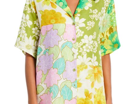 ALEMAIS Womens Green Short Sleeve Collared Button Up Top on Sale