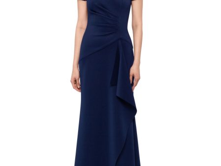 XSCAPE Womens Navy Embellished Pleated Zippered Wrap Skirt Lined Short Sleeve Boat Neck Full-Length Evening Gown Dress on Sale