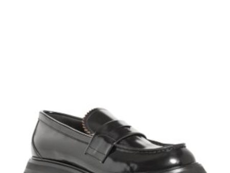 ALEXANDER MCQUEEN Womens Black 1  Platform Penny Strap Serrated Trim Padded Lug Sole Wander Round Toe Slip On Leather Loafers Shoes Cheap