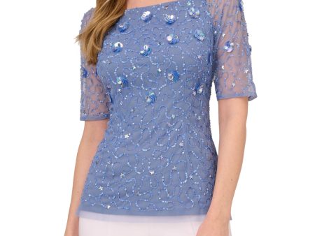 ADRIANNA PAPELL Womens Light Blue Embellished Zippered Lined Short Sleeve Off Shoulder Wear To Work Top Cheap